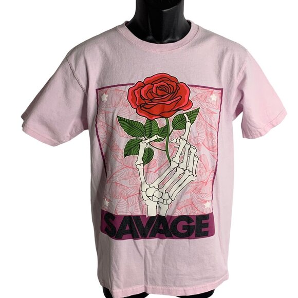 Launder Savage Crewneck Short Sleeve T Shirt M Pink Skeleton Pullover Graphic - Picture 1 of 7